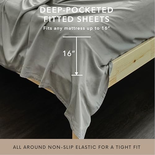 Bamboo Bay 6 Piece Queen Size Sheet Set, 100% Viscose Made from Bamboo, Breathable, Ultra Soft Cooling Bed Sheets for Hot Sleepers, Beddings with Deep Pockets Fit 16" Mattress, Light Grey