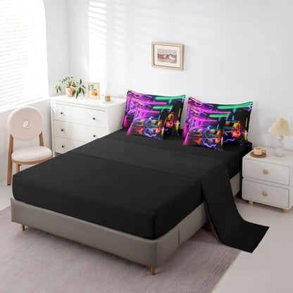 Feelyou Colorful Race Car Comforter Set with Sheets Full Size Kids Speed Sports Car Honeycomb 7 Pieces Bedding Set for Boys Girls Teens Racing Car Bed in a Bag Breathable Extreme Sports Bed Set