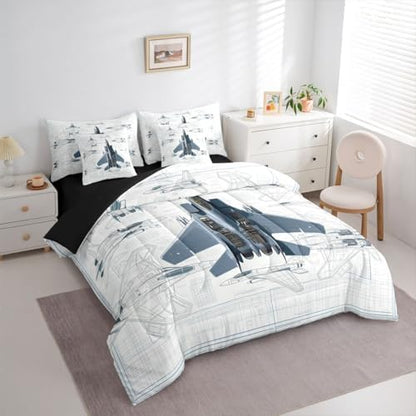 Erosebridal 7 Pcs Fighter Aircraft Full Comforter Set for Kids Boys Military Jet Bedding Set with Sheets Hand Drawn Grid Aircraft Bed in A Bag Modern Flying Airplane Bed Sets for Plane Lovers