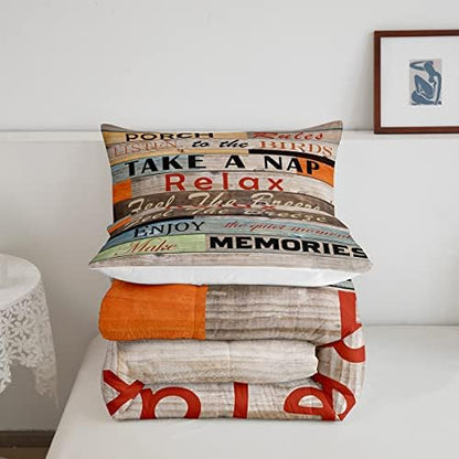 Farmhouse Style Comforter Set Full Size Porch Rules Quotes Bedding Set 3pcs Kids Boys Women Men Cabin Home Decor Rustic Country Wooden Board Quilted Duvet Brown Retro Bedspread,2 Pillowcases