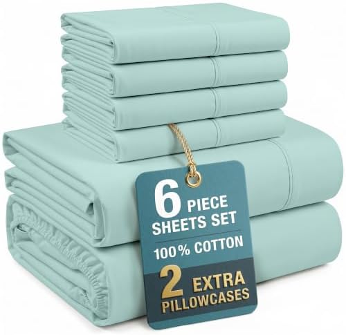 Casa Platino King Sheets Sets – 100% Cotton King Sheets Cooling with 4 Pillowcases, 15" Deep Pocket Fitted Sheet, Crisp & Smooth Feel, Ultra Soft & Cozy, Fit – Blue Sky