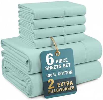 Casa Platino King Sheets Sets – 100% Cotton King Sheets Cooling with 4 Pillowcases, 15" Deep Pocket Fitted Sheet, Crisp & Smooth Feel, Ultra Soft & Cozy, Fit – Blue Sky