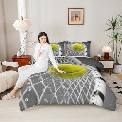 Castle Fairy Tennis Sports Bedding Set Queen Size 3D Tennis Racket Comforter Set for Girls Boys Room Decor Fashion Sport Ball Games Down Comforter Yellow Grey Quilt Set with 2 Pillowcases