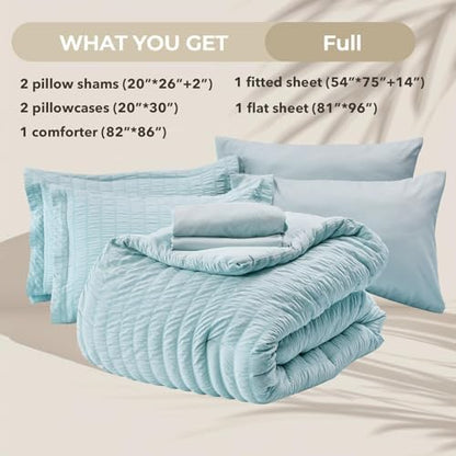 HYMOKEGE Lake Blue Full Size Comforter Sets Seersucker 7 Pieces, All Season Luxury Bed in a Bag for Bedroom, Bedding Set with Comforters, Sheets, Pillowcases & Shams
