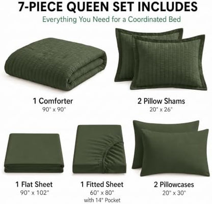 HIMEET Queen Comforter Set, 7-Piece Seersucker Bed in a Bag, Olive Green