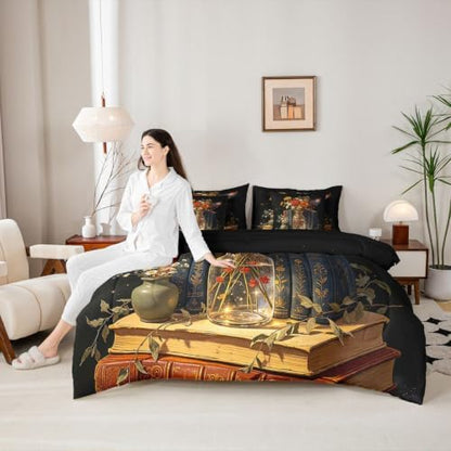 Erosebridal Bookshelf 7 Piece Bedding Set Twin Floral Comforter Set with Sheets Vintage Book Bed in a Bag Mysterious Art Bed Sets Comforter