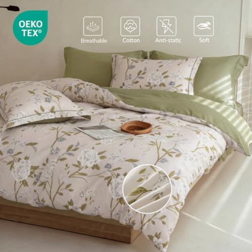 King Comforter Set 3 Pieces, 100% Cotton Light Grey Botanical Floral Bedding Set for All‑Season, Soft Hypoallergenic Comforter with 2 Pillow Shams