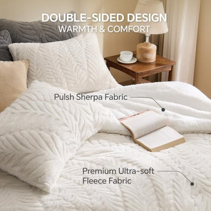 BEDELITE Fluffy Sherpa Queen Comforter Set,Leaf-Cream