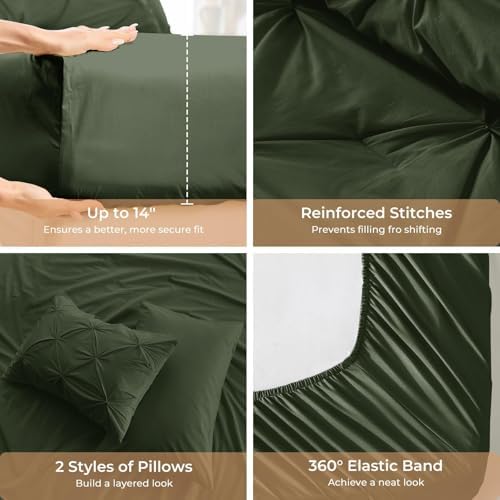Sasttie Twin XL Comforter Set, 5-Piece Bed in a Bag, Pintuck Bedding Set for All Season, Includes Comforter, Flat Sheet, Fitted Sheet, Pillowcase and Pillowsham, Dark Green