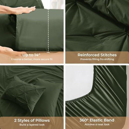 Sasttie Twin XL Comforter Set, 5-Piece Bed in a Bag, Pintuck Bedding Set for All Season, Includes Comforter, Flat Sheet, Fitted Sheet, Pillowcase and Pillowsham, Dark Green