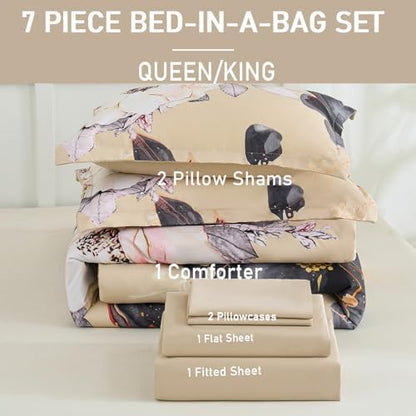 Yogeneg King Size Comforter Set 7 Piece Bed in a Bag,White Black Floral Botanical Pattern Khaki Bedding Set,Soft Microfiber Comforter with Sheet Set,All Season Bed Set(Khaki,King)