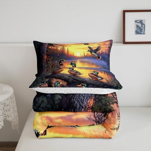 Feelyou Mallard Duck Bedding Set Boys Girls Wild Duck Hunting Comforter Set for Kids Women Men Soft Lake Cabin Farmhouse Comforter Quilt Room Decor Twin Size Duvet Set Boys