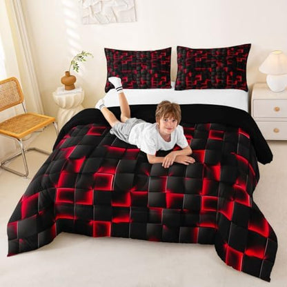 Erosebridal Boys Red and Black Comforter Set Queen Geometric Checkered Kids Bedding Set Teen Men Gaming Room Decor,Abstract Ombre Plaid Comforter Grids Quilt Duvet