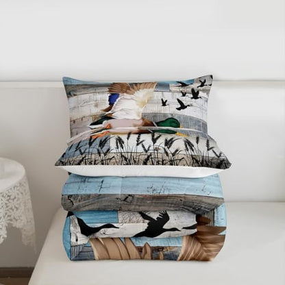 Cute Duck Comforter Set Queen Size Kids Nature Wild Animals Bedding Set 3Pcs Grey Blue Rustic Wooden Barn Quilt Set for Kids Girls Boys Adult Room Decor Men Hunting Duvet Insert,2 Pillowcases