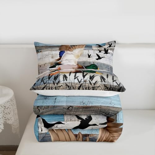 Homewish Cute Duck Comforter Set King Size Kids Nature Wild Animals Bedding Set 3Pcs Grey Blue Rustic Wooden Barn Quilt Set for Kids Girls Boys Adult Room Decor Men Hunting Duvet Insert,2 Pillowcases