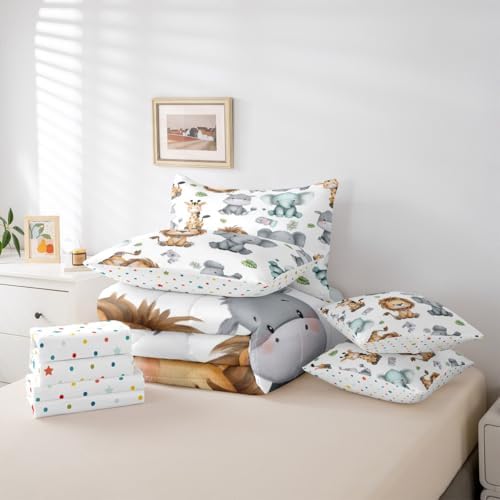 Erosebridal Cartoon Animals 7 Piece Comforter Set King for Nursery Child Bedroom | Cute Lion Elephant Hippo Bedding Set Tropical Bed Set Palm Tree Leaves Bed Sheets Kawaii Zoo Wildlife Quilt