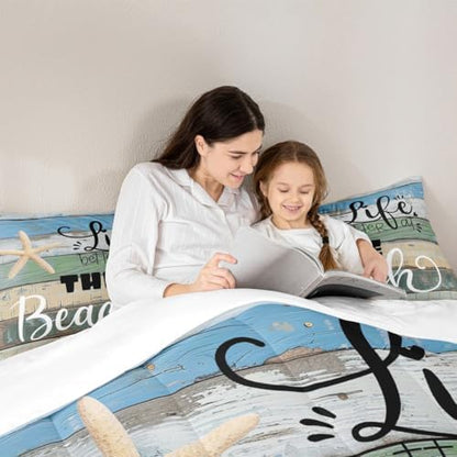 Beach Life Comforter Set Queen Size Blue Green Rustic Farmhouse Bedding Set for Kids Girls Women Bedroom Decor Starfish Cabin Wood Stripes Print Quilted Duvet Beach Camper Duvet Insert 3pcs