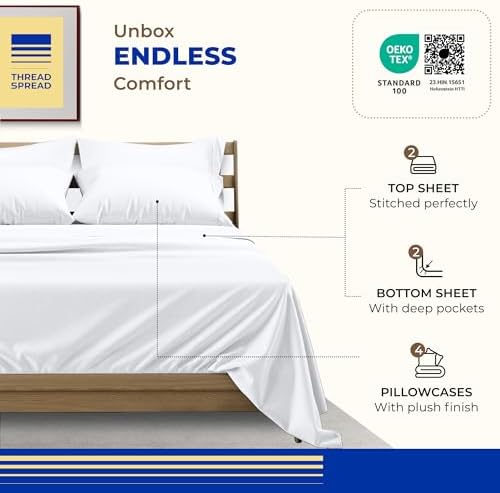 THREAD SPREAD 100% Egyptian Cotton California King Size Sheet Set Pack of 2-1000 Series Paradise Collection Cal King Size Sheets Set, (White), 16" Deep Pocket, Cooling Sateen Luxury Bedsheets