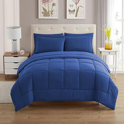 Sweet Home Collection 7 Piece Comforter Set Bag Solid Color All Season Soft Down Alternative Blanket & Luxurious Microfiber Bed Sheets, Royal Blue, King