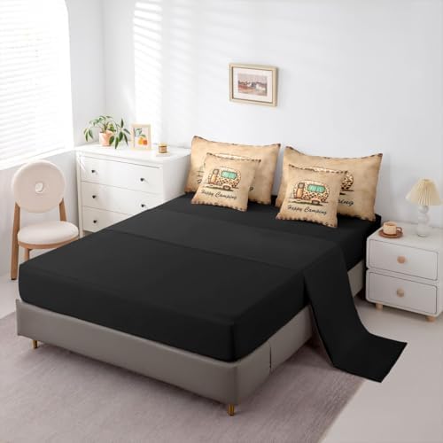 Erosebridal Happy Camping Boys Comforter Set with Sheets King Size Camper Decor 7 Piece Bedding Set Brown Leopard Print Bed in A Bag for Kids Teens Room Rustic Farmhouse Cabin Bed Sets