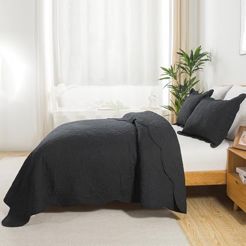 HoneiLife Queen Quilt Bedding Set - Microfiber Quilt Sets for Queen Bed, 3-Piece Lightweight Bedspreads,Reversible Coverlets Rustic Bedlinen Sets, Floral Bedding Set All Season Quilts-Black