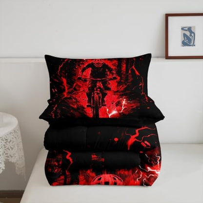 Feelyou Dirt Bike Kids Bedding Set,Boys Girls King Size,Extreme Sports Comforter Set,Motorcycle Ultra Soft Duvet Quilt,Racing Motocross Comforter Motorbike Bedroom Decor Red