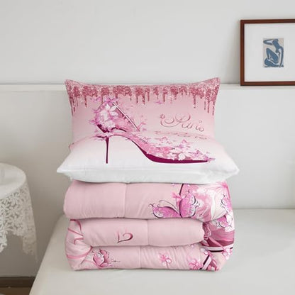 High Heels Feminine Comforter Set Queen Size,Butterfly Romantic Bedding Set 3pcs for Kids Girls Women Room Decor,Pink Gradient Glitter Quilt Set,Valentine's Day Duvet Insert,2 Pillowcases