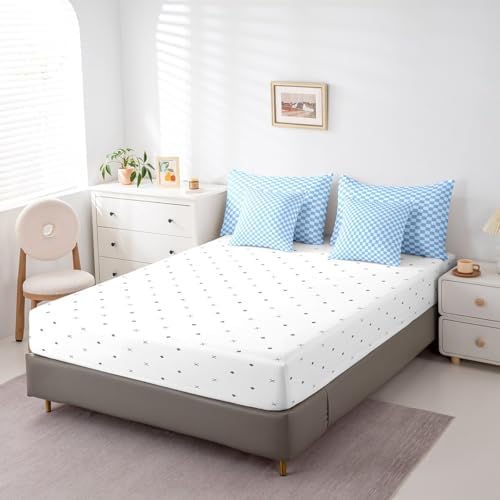 jejeloiu Blue Bedding Set 7Pcs King Size Kids Buffalo Plaid Comforter Set with Sheets for Boys Girls Checkered Grid Bed in a Bag Soft Lightweight,Microfiber