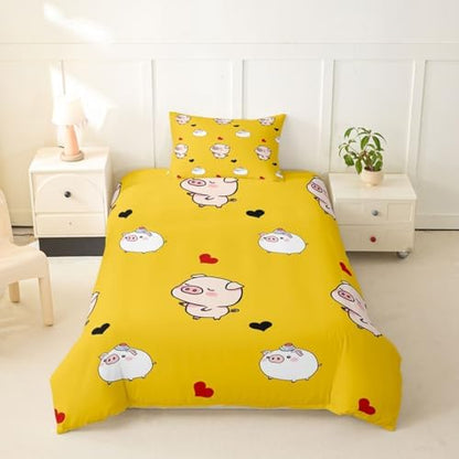 Pig Duvet Cover Cartoon Animal Bedding Set Cute Pigs Printed Decor Yellow Comforter Cover for Kids Teen Girls Boys Soft Microfiber Reversible Bedspread,1 Duvet Cover with 1 Pillowcase, Twin Size