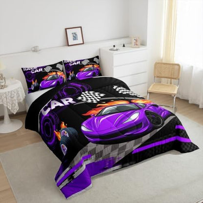 Feelyou Kids Purple Race car Comforter Set Queen Size Speed Sports Car Bedding Set Boys Girls Automobile Racing Car Quilt Set Extreme Sports Theme Bed Set