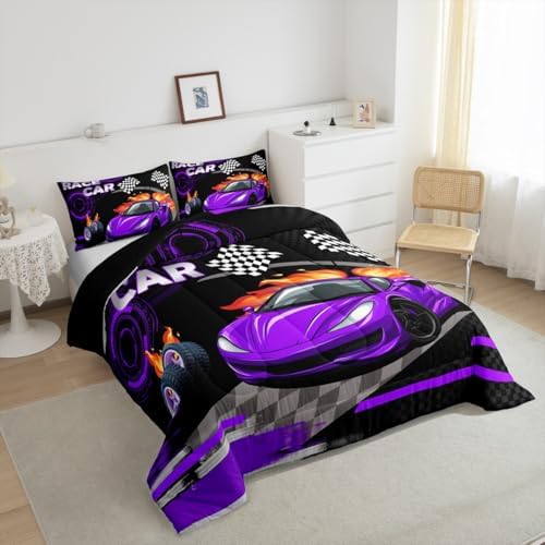Feelyou Kids Purple Race car Comforter Set Full Size Speed Sports Car Bedding Set Boys Girls Automobile Racing Car Quilt Set Extreme Sports Theme Bed Set