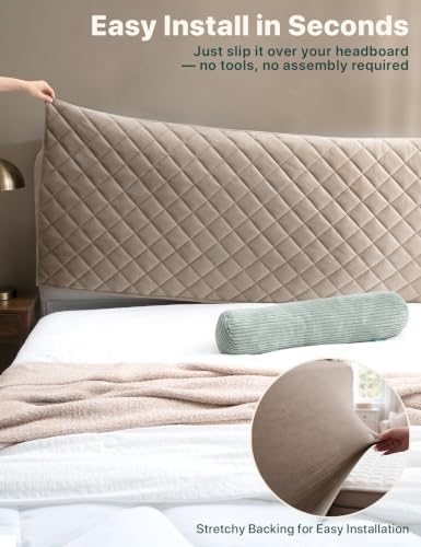 Velvet Bed Headboard Cover Slipcover - Stretch Quilted & Thicken Dustproof Protector for Queen/King, Washable Decorative Headboard Cover for Bedroom (Khaki, 59x27.5 inch)
