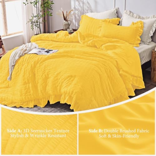 JOLLYVOGUE Pumpkin Yellow Queen Comforter Set,3pcs Seersucker Bed Set