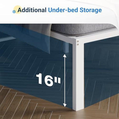 Avenco 18 Inch Queen Bed Frame with Headboard, White Metal Platform Bed Frame, Queen Size Bed Frame No Box Spring Needed, Easy Assembly, Heavy Duty Slats Support