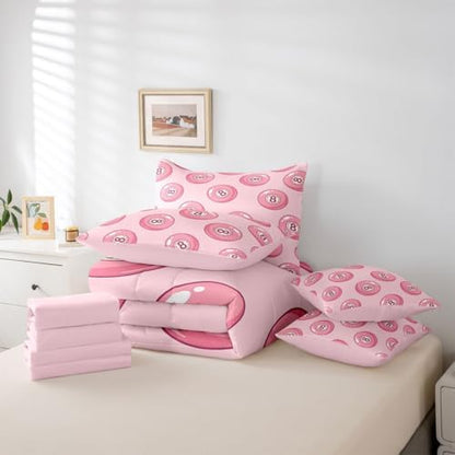 Erosebridal Pink Lucky 8 Ball Twin Bedding Set 7 Piece for Girls Room Decor,Fashion Trendy Y2K Comforter Set for Kids Teen Adults,Girly Coquette Preppy Bed in A Bag Aesthetic Funky Y2K Bed Set