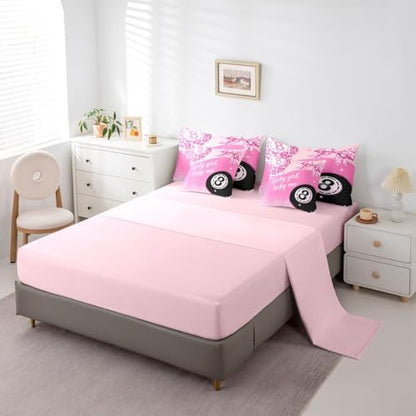Erosebridal Pink Leopard Bow Girls Twin Bedding Set 7 Piece Preppy Fashion Y2K Comforter Set Cheetah Print Lucky 8 Ball Bed in A Bag with Sheets for Kids Teen Adults,Girly Coquette Y2K Bed Set