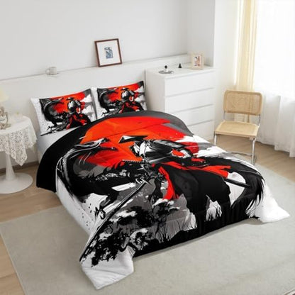 Feelyou Kids Samurai Comforter Set Twin Size, Japanese Samurai Bedding Set Warrior Bushido Comforter for Boys Girls Black Dragon Duvet Insert Microfiber Bed Set