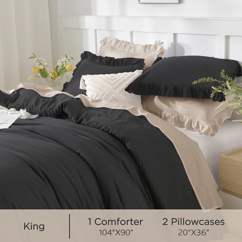 Andency Black King Size Comforter Set, 3 Pieces Solid Farmhouse Bedding