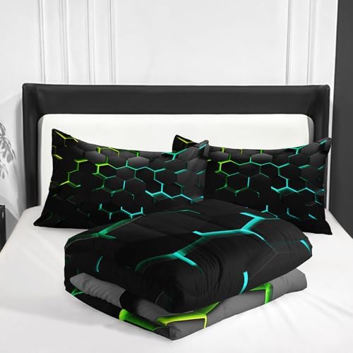 Geometric Green Black Neon Comforter Set,Light Honeycomb 3 Piece Bedding Set King for Teen Boys,Modern Bedding Quilt Set Geometry Decor,Microfiber Lightweight 1 Comforter 2 Pillowcases All Season