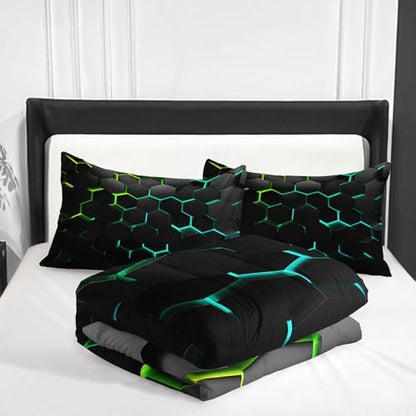 Geometric Green Black Neon Comforter Set,Light Honeycomb 3 Piece Bedding Set King for Teen Boys,Modern Bedding Quilt Set Geometry Decor,Microfiber Lightweight 1 Comforter 2 Pillowcases All Season