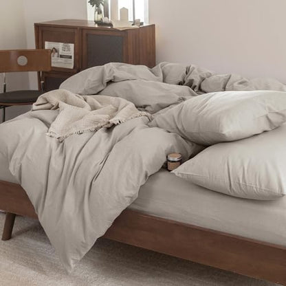 FOSSA Duvet Cover Set 100% Washed Cotton Linen Feel Queen