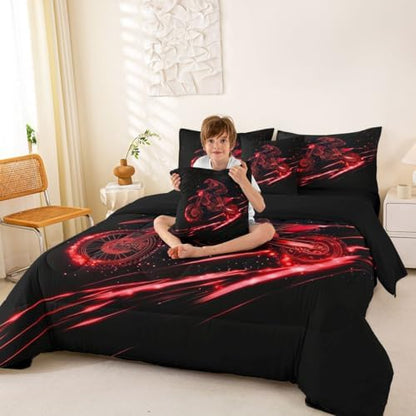 Feelyou Red Neon Dirt Bike Comforter Set Full 7 Pieces Motocross Bedding Set for Boys Girls Line Art Design Bed in a Bag Speed Racing Room Decor Extreme Sports Pattern Quilted Soft Lightweight