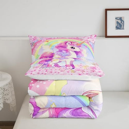 Cartoon Unicorn Kids Comforter Set King Size,Sakura Cherry Blossom Japanese Bedding Set,Girls Women Room Decor,Rainbow Unicorn Cute Down Comforter,Pink Purple Romantic Duvet Insert,2 Pillowcases