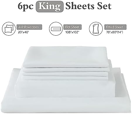 ILAVANDE White King Sheets Set 6 Piece,Hotel Luxury Super Soft 1800 Series Microfiber Bed Sheets King Set-Wrinkle & Fade Resistant-14 Deep Pockets Sheets for King Size Bed(King,White)