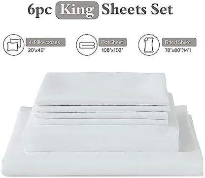 ILAVANDE White King Sheets Set 6 Piece,Hotel Luxury Super Soft 1800 Series Microfiber Bed Sheets King Set-Wrinkle & Fade Resistant-14 Deep Pockets Sheets for King Size Bed(King,White)