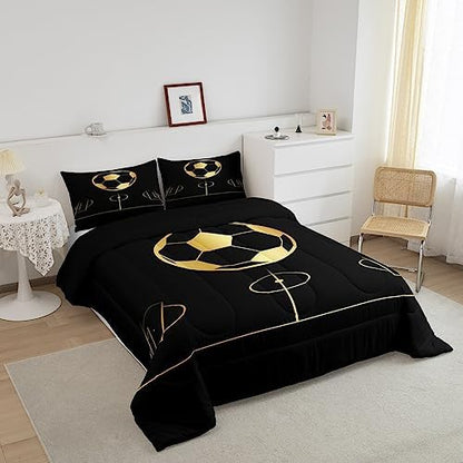 Kids Football Comforter Set Full Size Gold Geometric Lines Football Field Bedding Set 3Pcs for Boys Teens Men Room Decor Soccer Sport Games Quilt Set Fashion Black Duvet Insert,2 Pillowcases