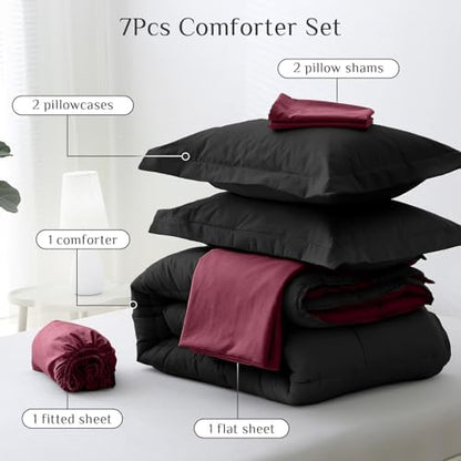 JOLLYVOGUE California King Comforter Set, Ultra-Soft Bed in a Bag 7 Pieces, Oeko-TEX Certified Bedding Set with Down Alternative Comforter, Sheets, Pillowcases & Shams, Black & Deep Burgundy