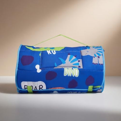 EVERYDAY KIDS Nap Mat with Removable Pillow - Roarin' Dinos - Carry Handle with Straps Closure, Rollup Design, Soft Microfiber for Preschool, Daycare, Travel Sleeping Bag - Ages 3-6 Years