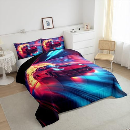 Erosebridal Boys Race Car Bedding Set Toddler,Cool Racing Car Comforter for Kids Boys Teens Toddler Red Blue Race Car Room Decor,Ombre Geometric Striped Duvet Comforter,Soft Lightweight & All Season