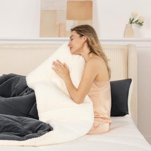 Fluffy Sherpa Cal King Comforter Set, Thick Bedding Set 3PC, Charcoal